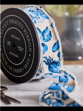 Anthropologie Terrain Velvet Frayed Floral Ribbon - Blue on Cream